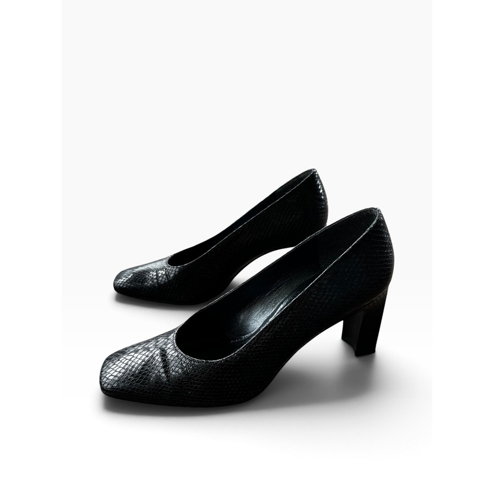 Stuart Weitzman Pumps 6 Black Snakeskin Embossed Square Toe Block Heel Business